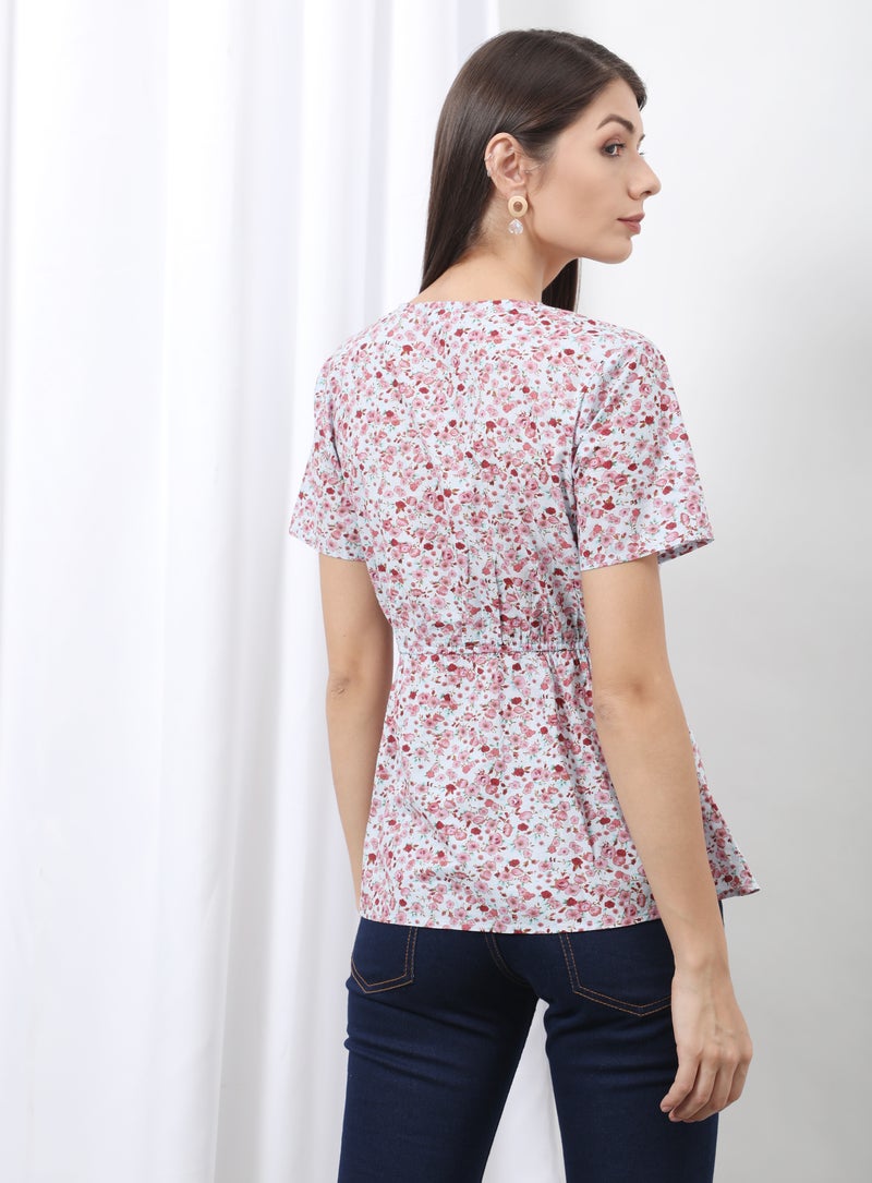 Aila Casual Short Sleeve Floral Blouse Top Grey Floral  - Image 3