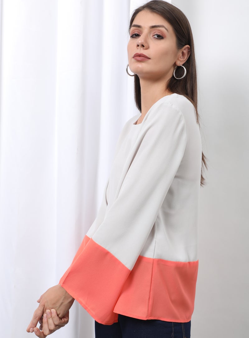 Aila Casual Bell Sleeve Plain Blouse Top Grey/Coral  - Image 3
