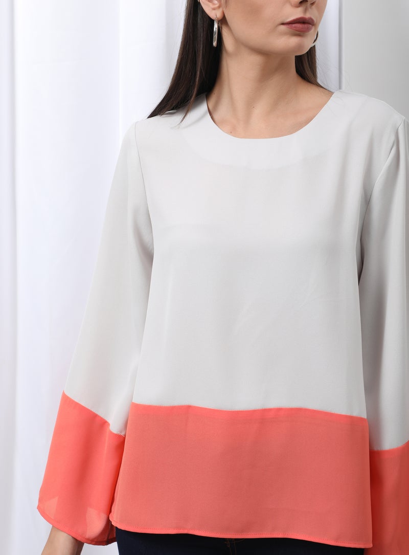 Aila Casual Bell Sleeve Plain Blouse Top Grey/Coral  - Image 4