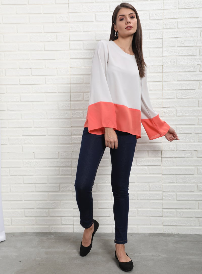 Aila Casual Bell Sleeve Plain Blouse Top Grey/Coral  - Image 5