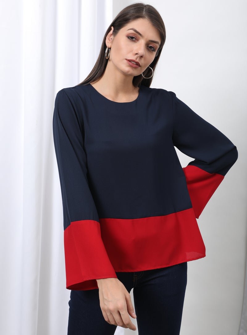 Aila Casual Bell Sleeve Colourblocked Blouse Top Navy/Red  - Image 1