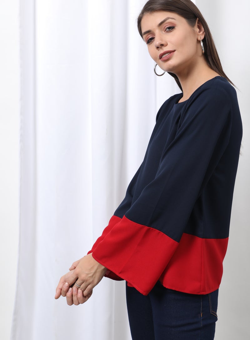 Aila Casual Bell Sleeve Colourblocked Blouse Top Navy/Red  - Image 2