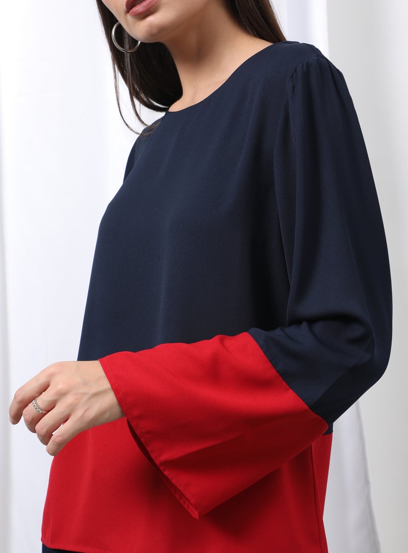 Aila Casual Bell Sleeve Colourblocked Blouse Top Navy/Red  - Image 3