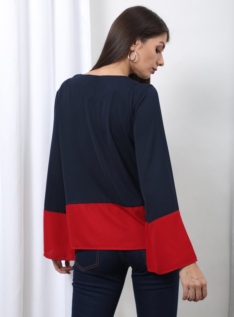Aila Casual Bell Sleeve Colourblocked Blouse Top Navy/Red  - Image 4