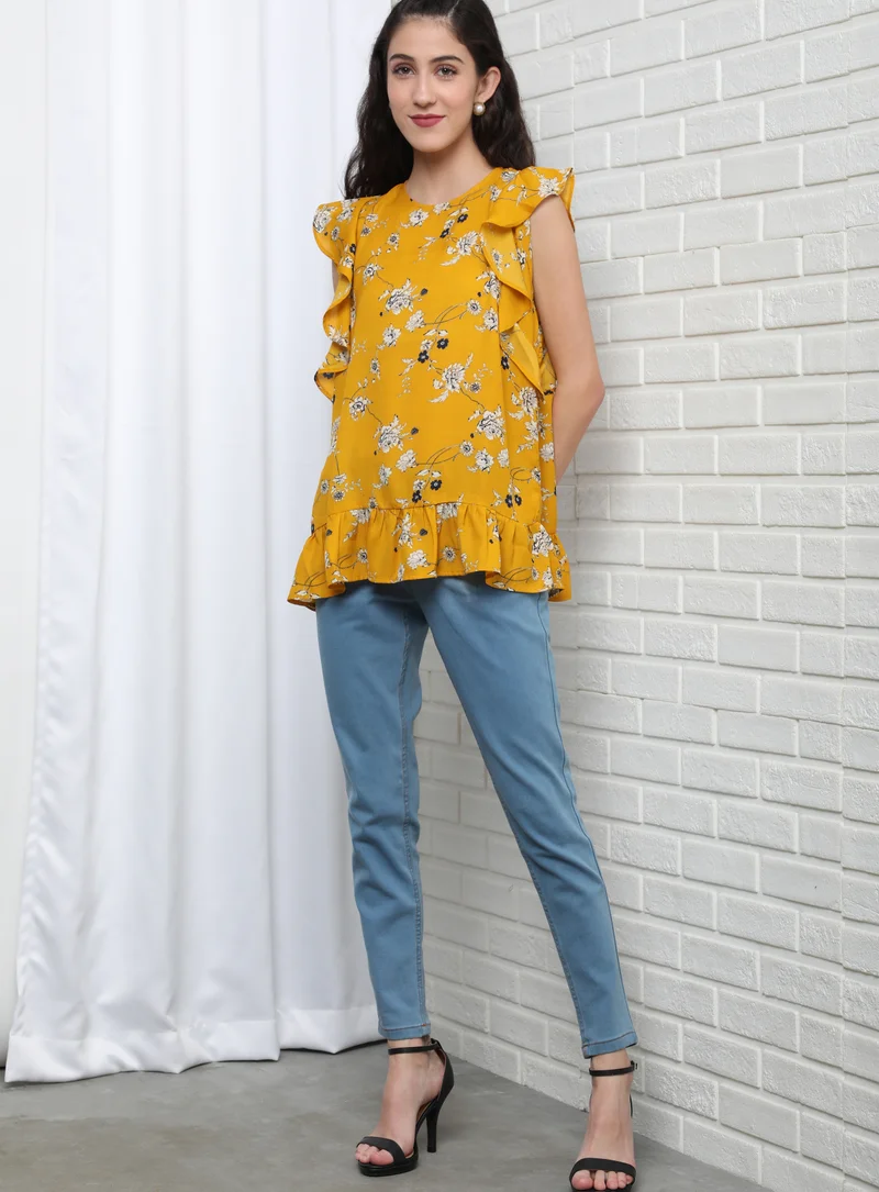 Aila Casual Frill Sleeve Printed Blouse Top Multicolour