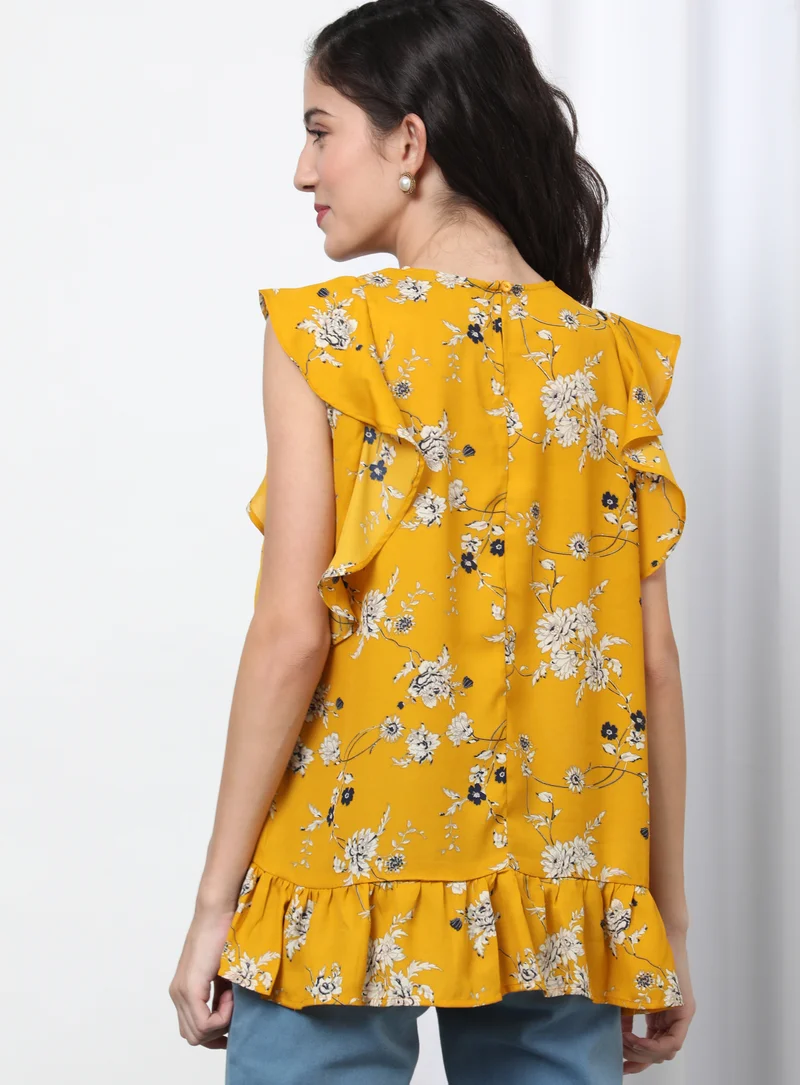 Aila Casual Frill Sleeve Printed Blouse Top Multicolour