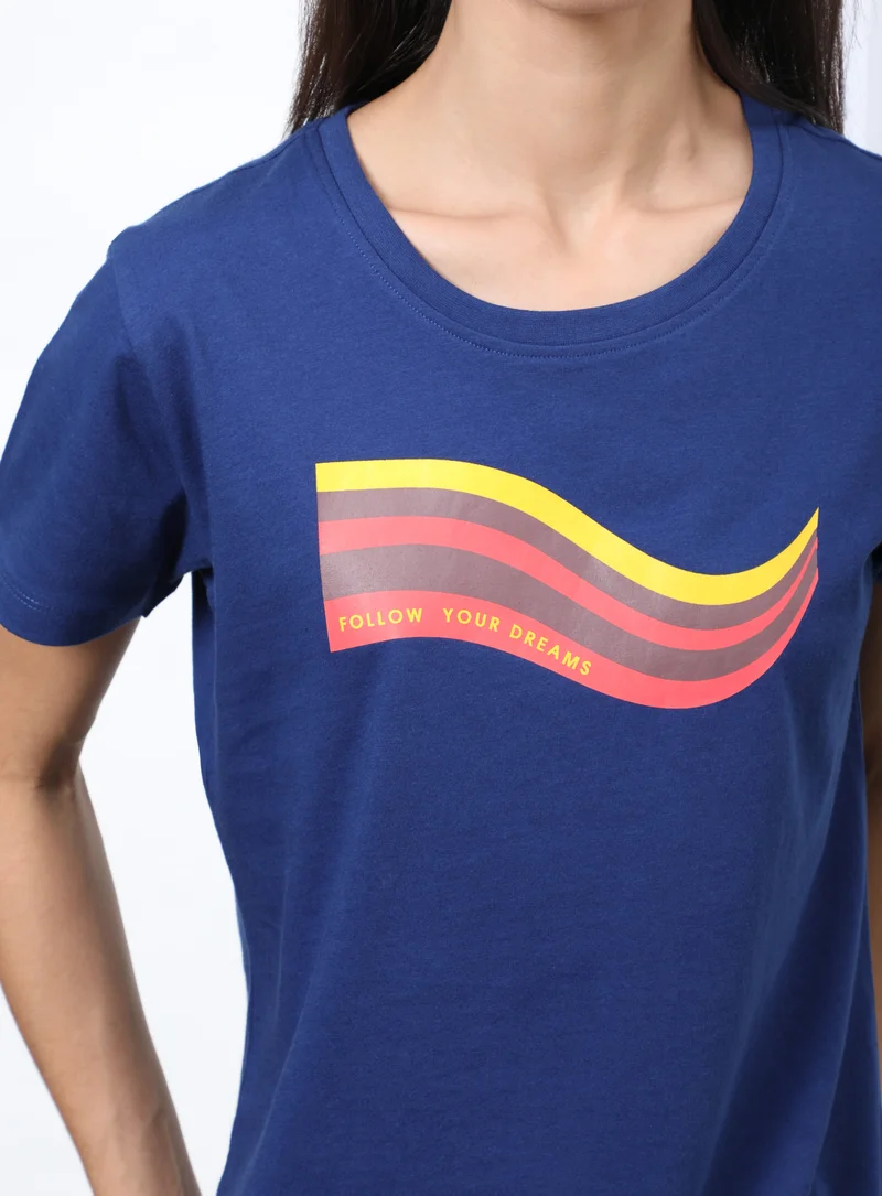 Aila Casual Round Neck Printed T-Shirt Blue