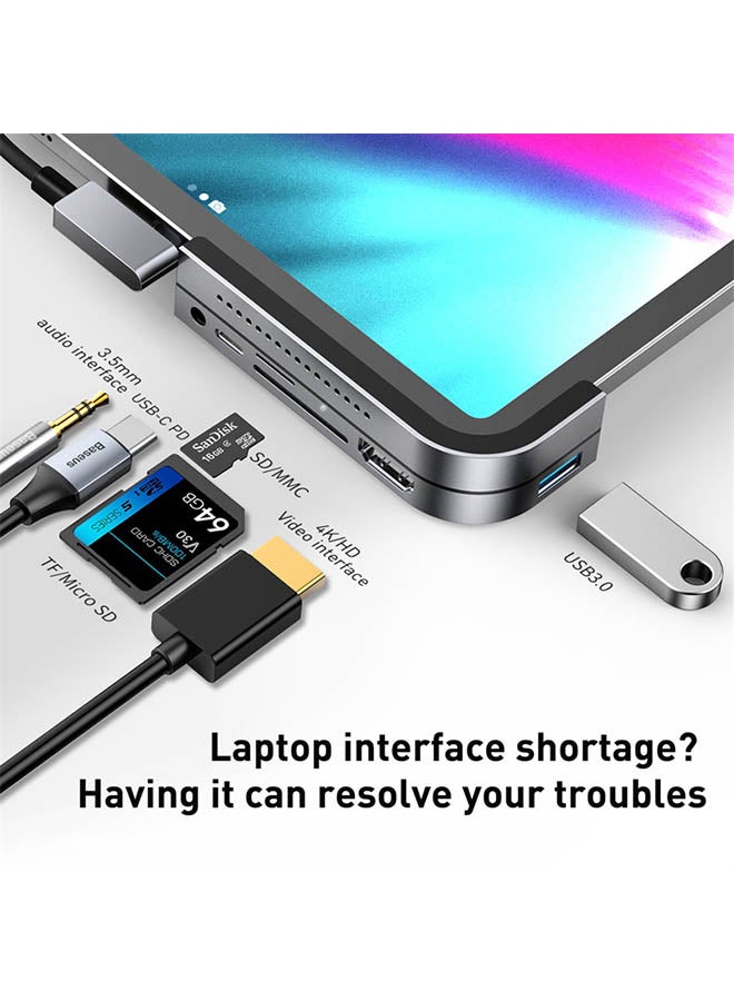 Baseus iPad Pro USB C Hub, Baseus 6-in-1 Adapter for iPad Pro 2021 2020 2018 12.9/11 inch, Docking Station with 4K HDMI, USB-C PD Charging, SD/Micro Card Reader, USB 3.0 & 3.5mm Headphone Jack CAHUB-WJ0G Dark Grey  - Image 2
