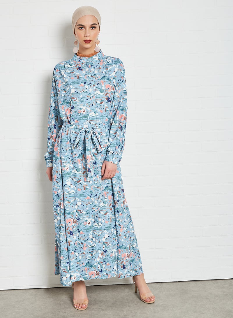 انوتا فستان بحزام ومزين بنقشة زهور أزرق - Image 1