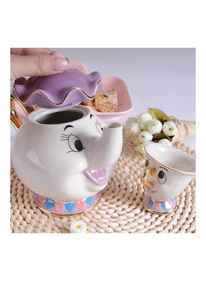 AMERTEER - 2-Piece Mrs. Potts Chip Tea Pot And Cup Set White/Purple/Gold Tea Pot(500), Cup(55)ml - Image 1