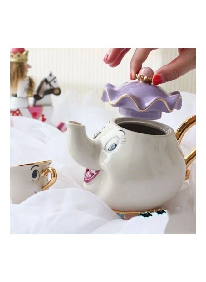 AMERTEER - 2-Piece Mrs. Potts Chip Tea Pot And Cup Set White/Purple/Gold Tea Pot(500), Cup(55)ml - Image 1