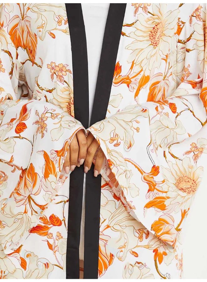 Closet By Styli Floral Printed Flute Sleeves Kimono Yellow/White/Beige