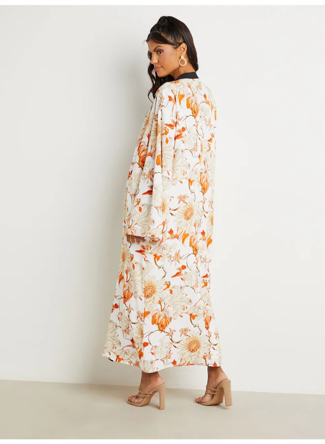 Closet By Styli Floral Printed Flute Sleeves Kimono Yellow/White/Beige