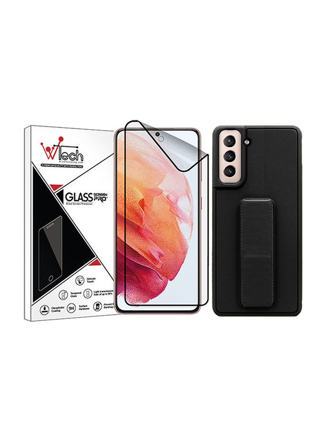 دبليو تيك مجموعة لاصقات حماية للشاشة من السيراميك بتقنية النانو مع غطاء حماية من السيليكون مزود بمقبض ورباط لليد لهاتف سامسونج جالاكسي S21 5G أسود/شفاف - Image 1