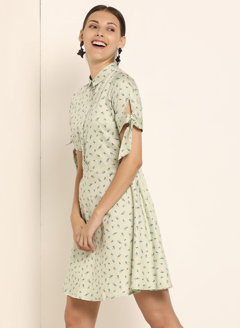 ABOF - Tie Up Sleeve Printed Mini Dress Mint Green - Image 1