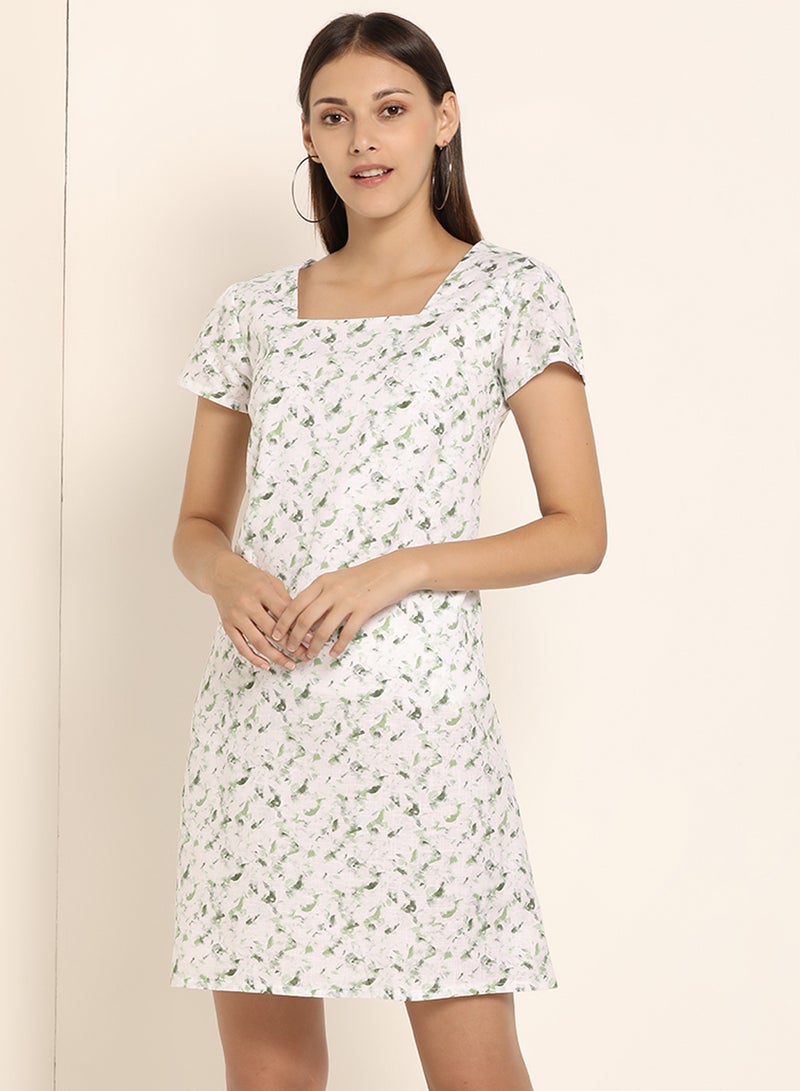 ABOF Printed Square Neck Dress White/Green  - Image 1