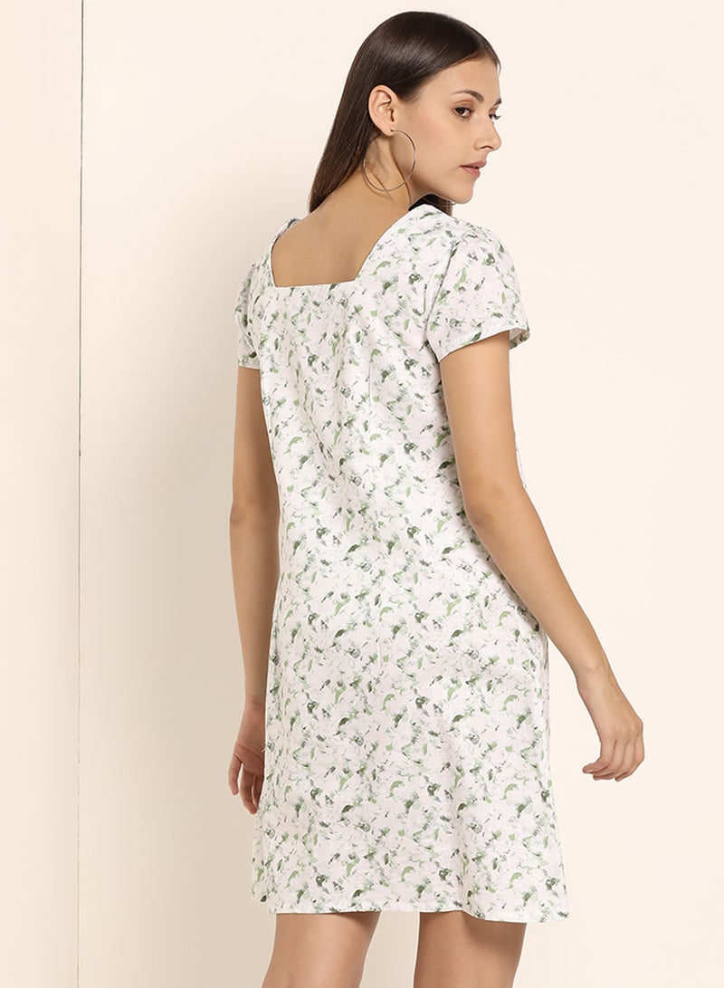 ABOF Printed Square Neck Dress White/Green  - Image 2