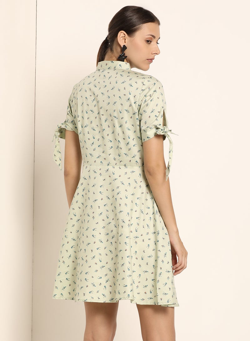 ABOF - Tie Up Sleeve Printed Mini Dress Mint Green - Image 1