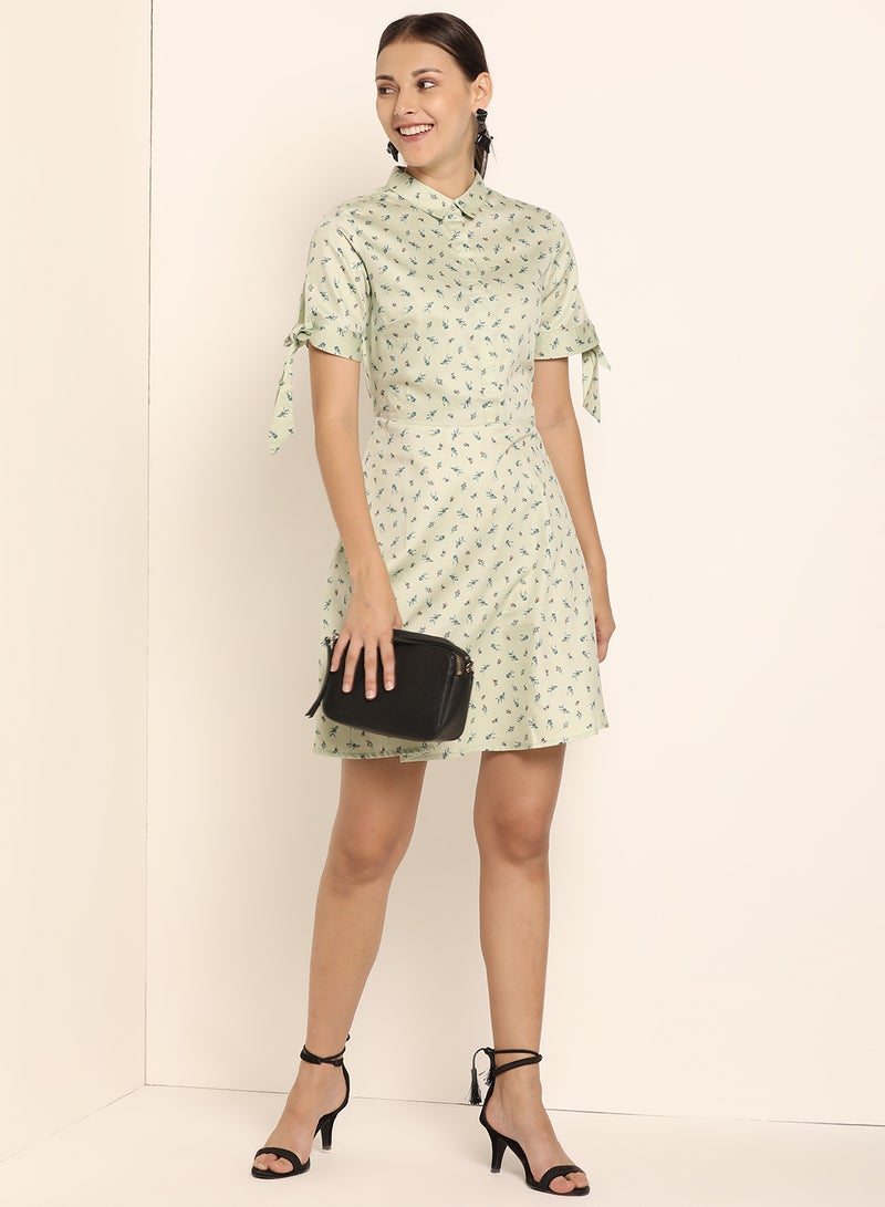 ABOF - Tie Up Sleeve Printed Mini Dress Mint Green - Image 1