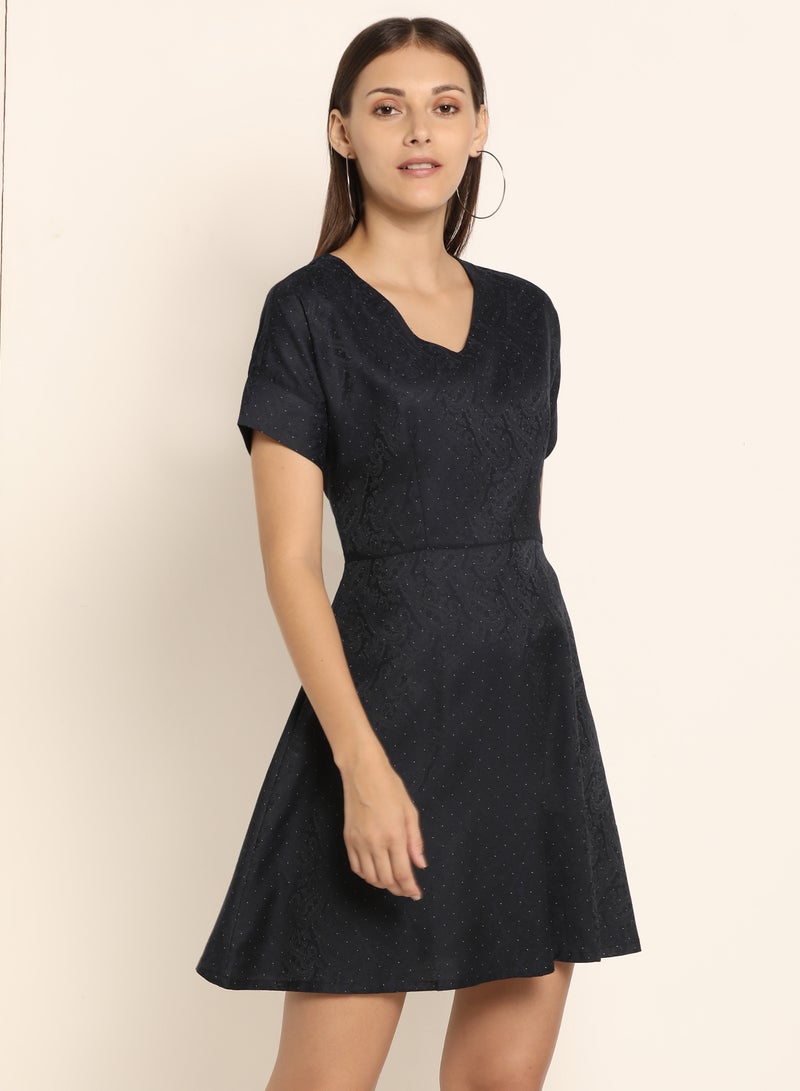 ABOF - Printed V-Neck Skater Dress Jet Black - Image 1