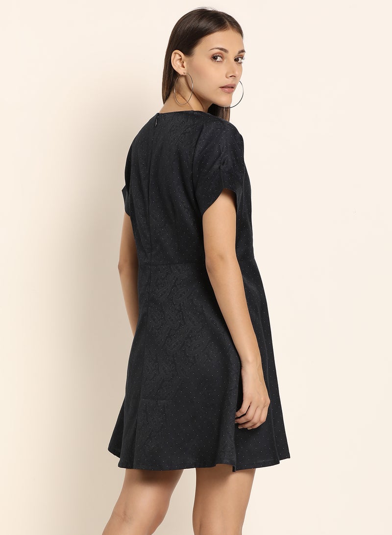 ABOF - Printed V-Neck Skater Dress Jet Black - Image 1