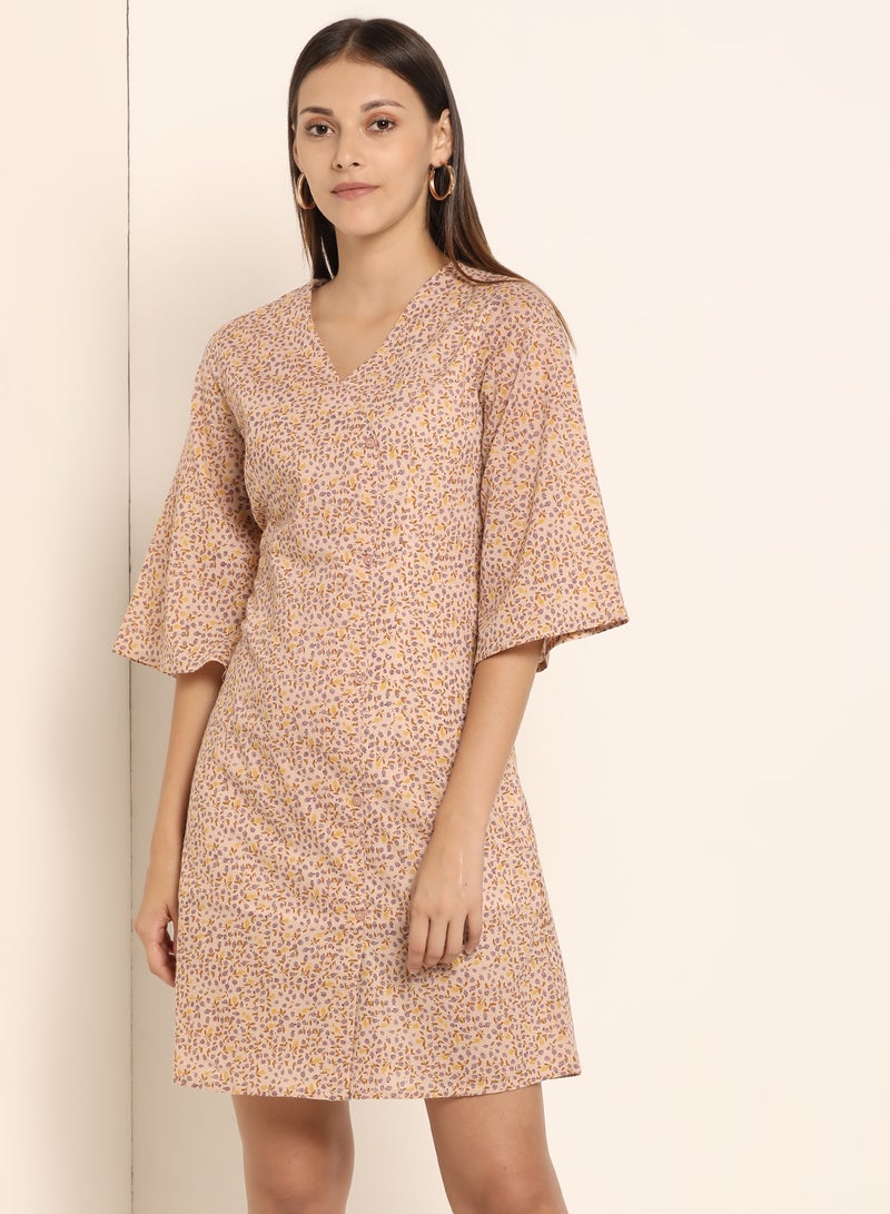 ABOF Flare Sleeve Printed Dress Brown/Yellow  - Image 1
