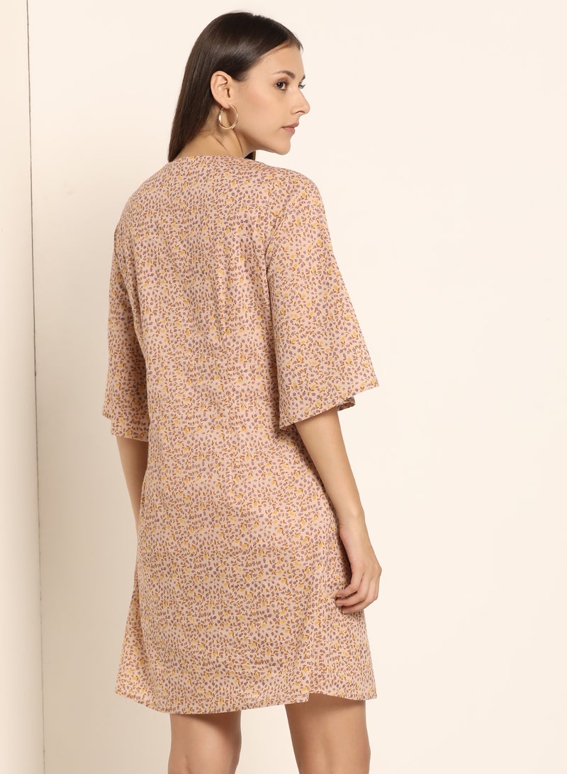 ABOF Flare Sleeve Printed Dress Brown/Yellow  - Image 2