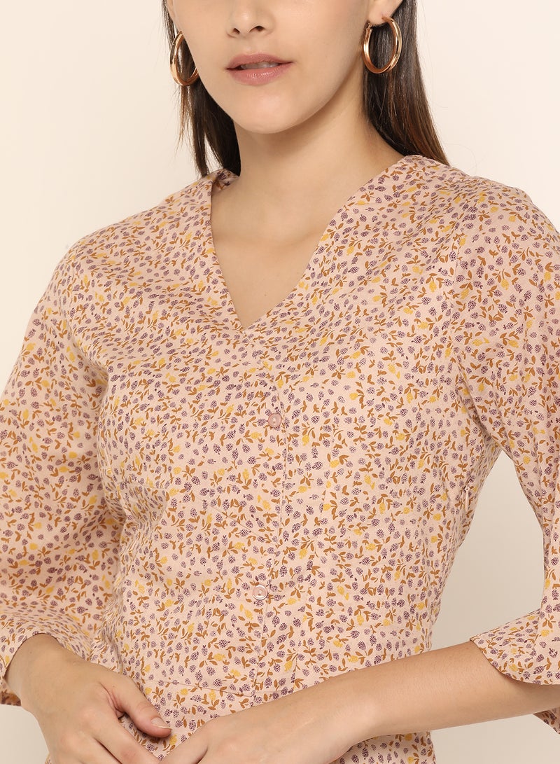 ABOF Flare Sleeve Printed Dress Brown/Yellow  - Image 3