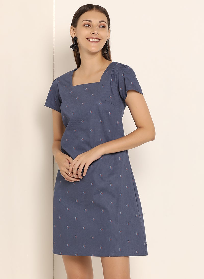 ABOF - Printed Square Neck Dress Navy Blue - Image 1