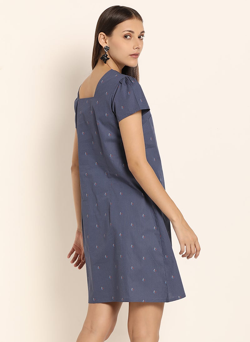 ABOF - Printed Square Neck Dress Navy Blue - Image 1