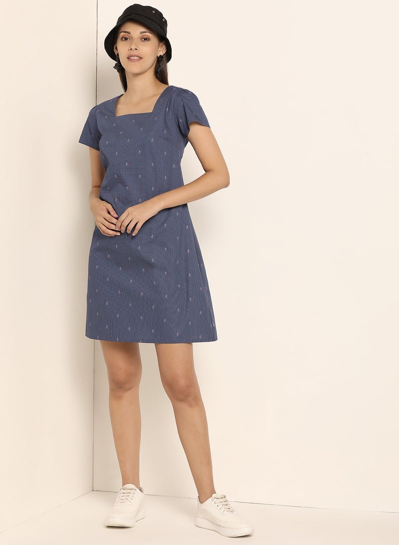 ABOF - Printed Square Neck Dress Navy Blue - Image 1