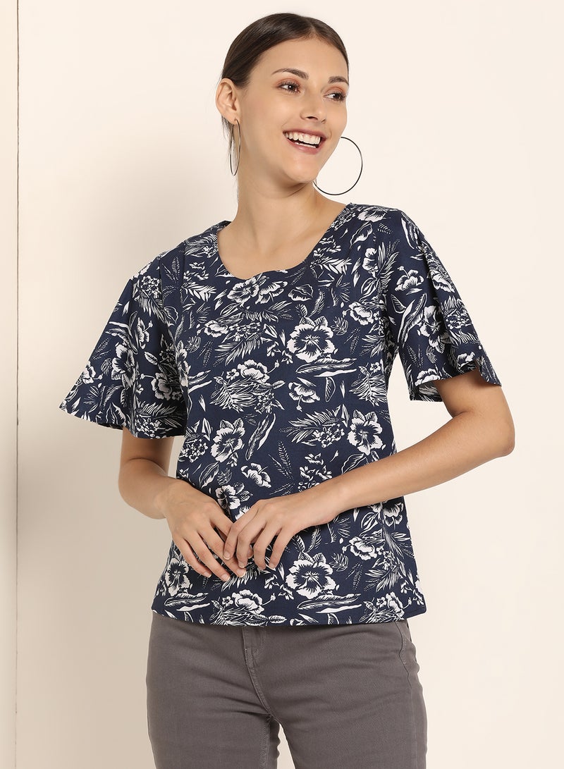 ABOF Printed Flared Sleeve Top Blue/White - Image 1