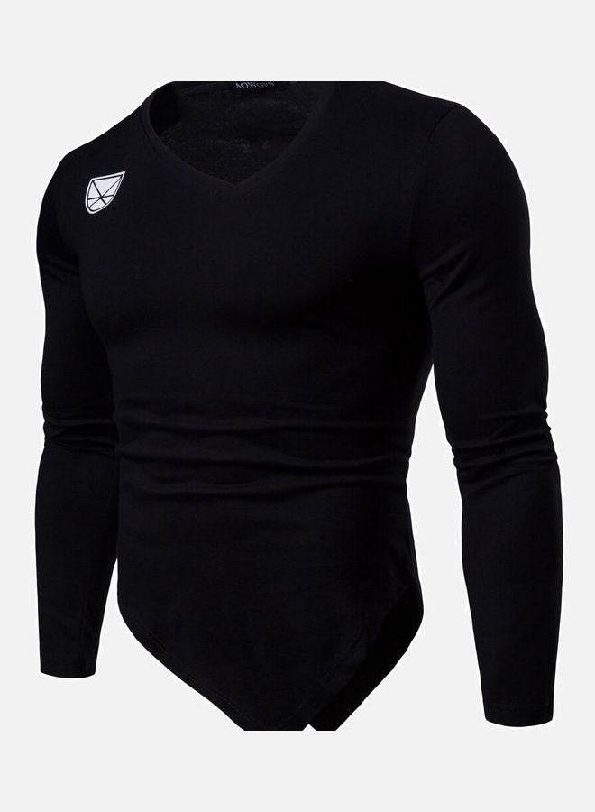 Irregular Design V-Neck Long Sleeve Elastic T-Shirt Black