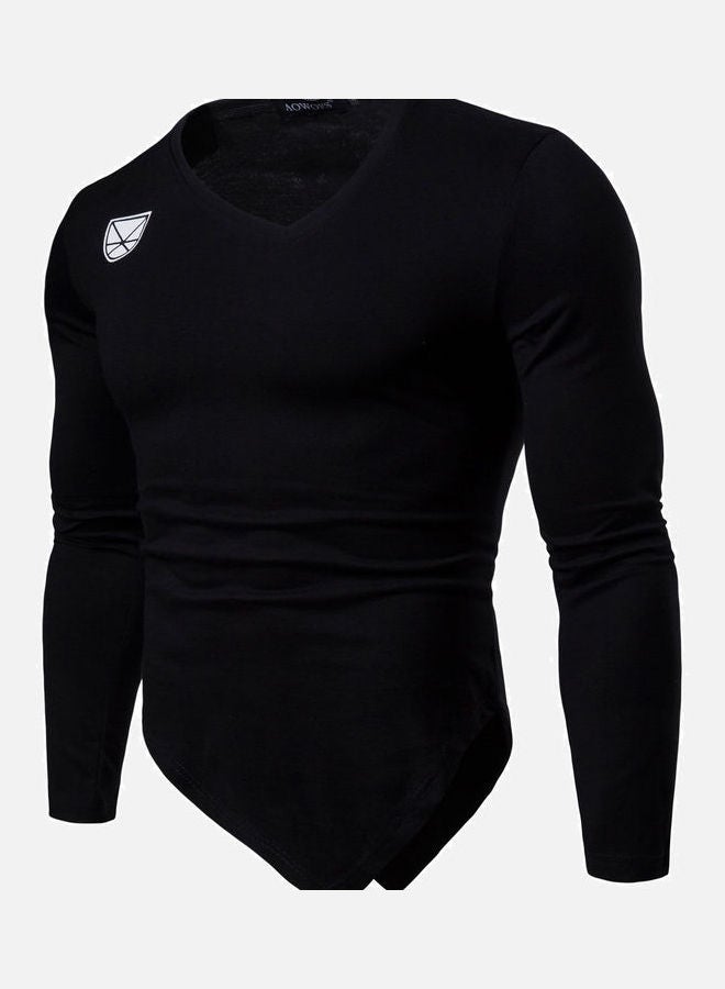 Irregular Design V-Neck Long Sleeve Elastic T-Shirt Black