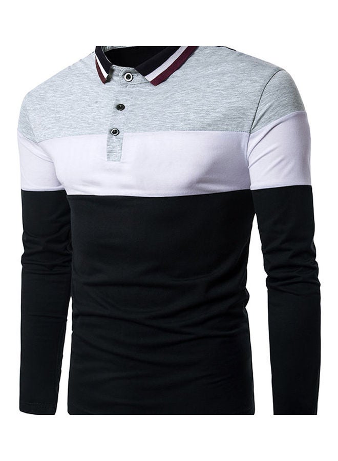 Striped Patching Color Long Sleeve Polo Grey/White/Black 