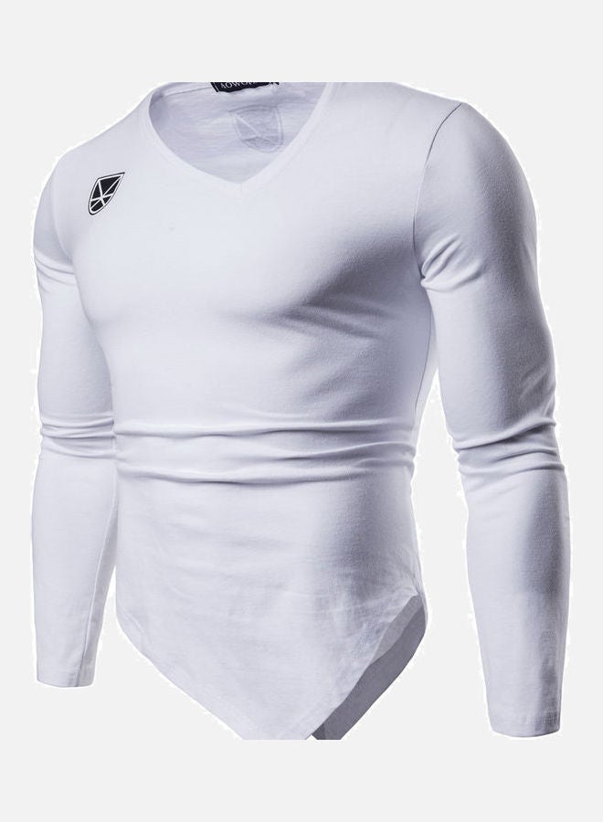 Irregular Design V-Neck Long Sleeve Elastic T-Shirt White