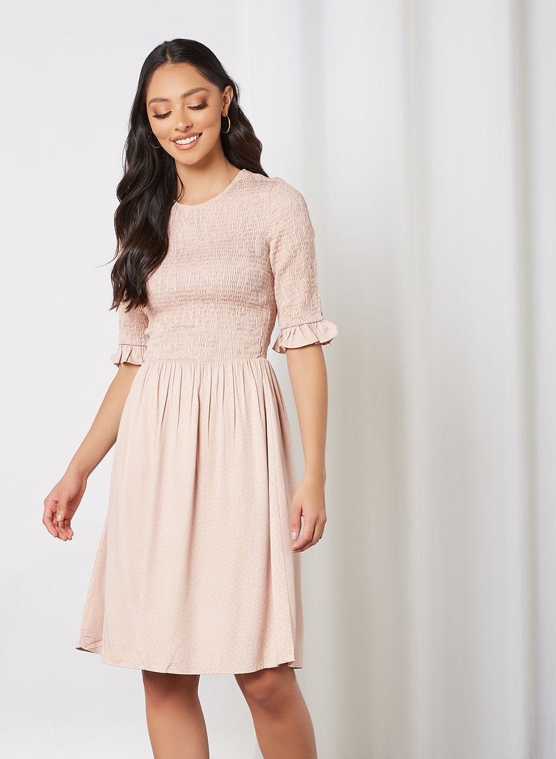 PIECES - Smocked Bodice Dress Almond Buff - Image 1