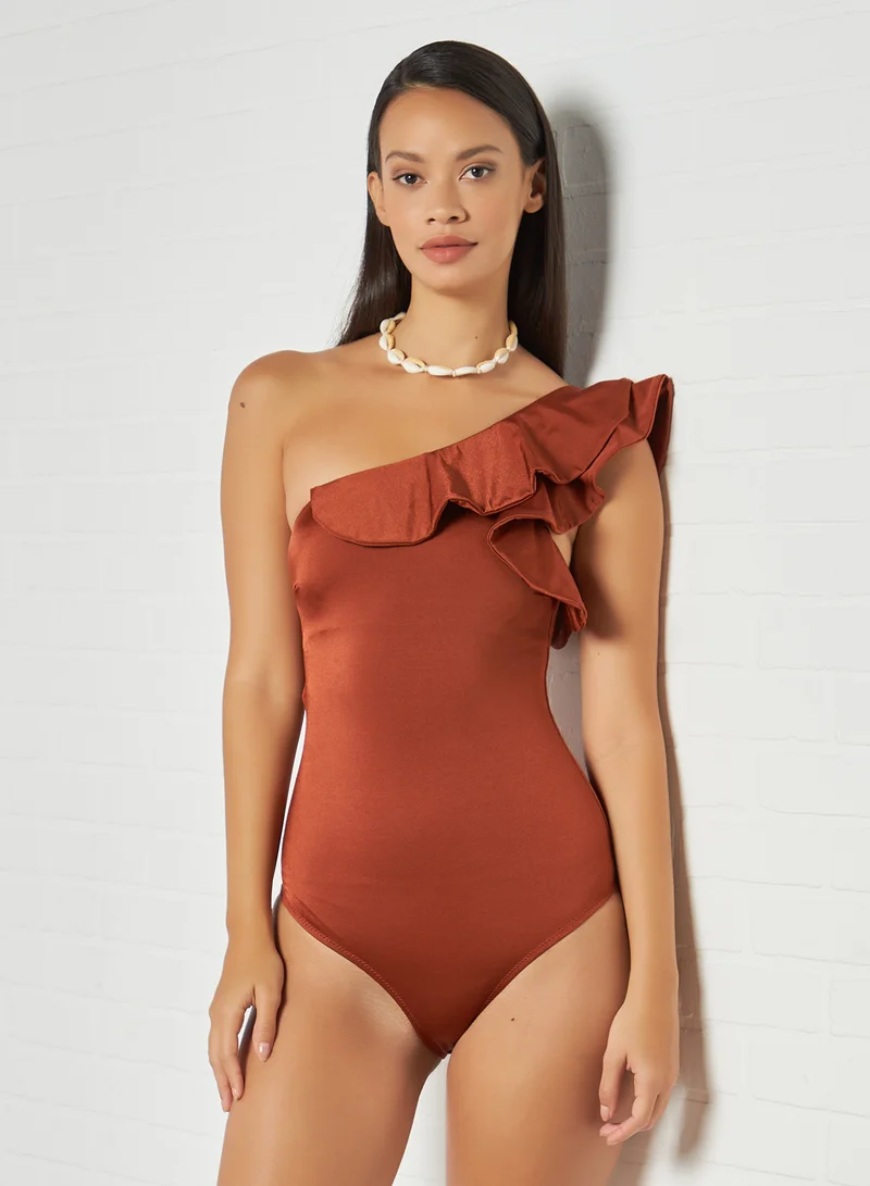 trendyol Ruffle One Shoulder Swimsuit Cinamon