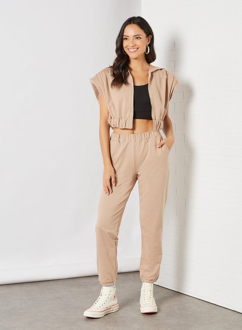 trendyol - Cropped Hoodie and Sweatpants Set Camel - Image 1