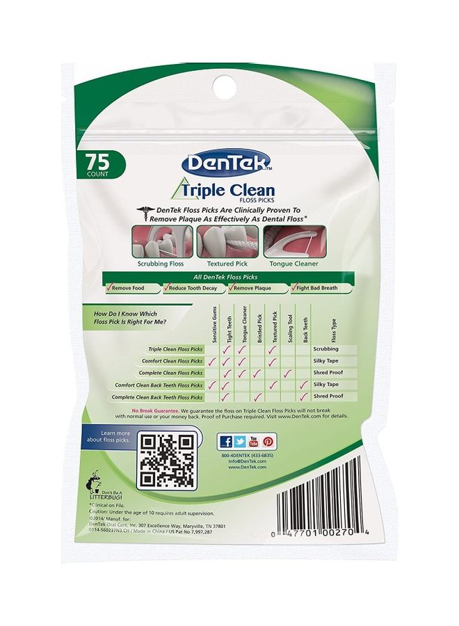 Dentek - 75-Count Triple Clean Floss Picks White 75grams - Image 1