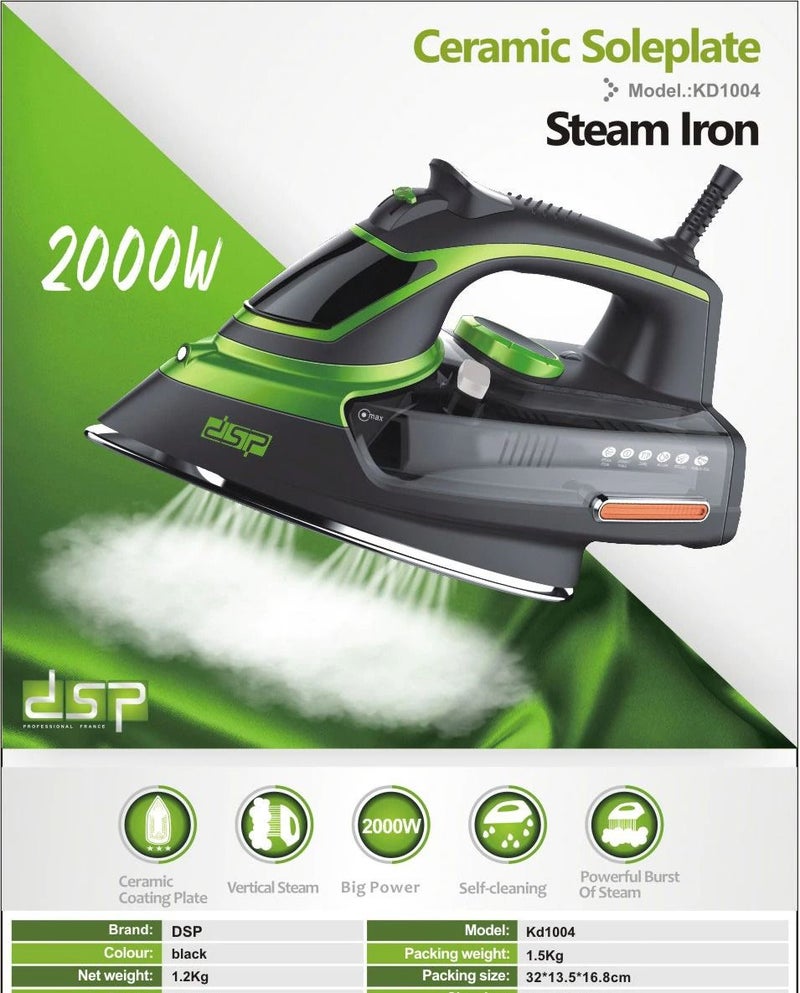 DSP Steam Iron Self-cleaning Ceramic Coating Board Safely Cut 2000 Watt kd1004-A-082 Black/Green - Image 3