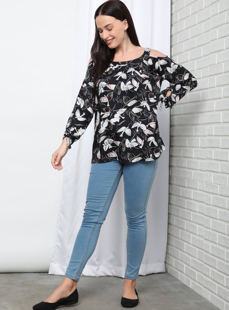Aila Casual Floral Printed Blouse Top Black Aop  - Image 4