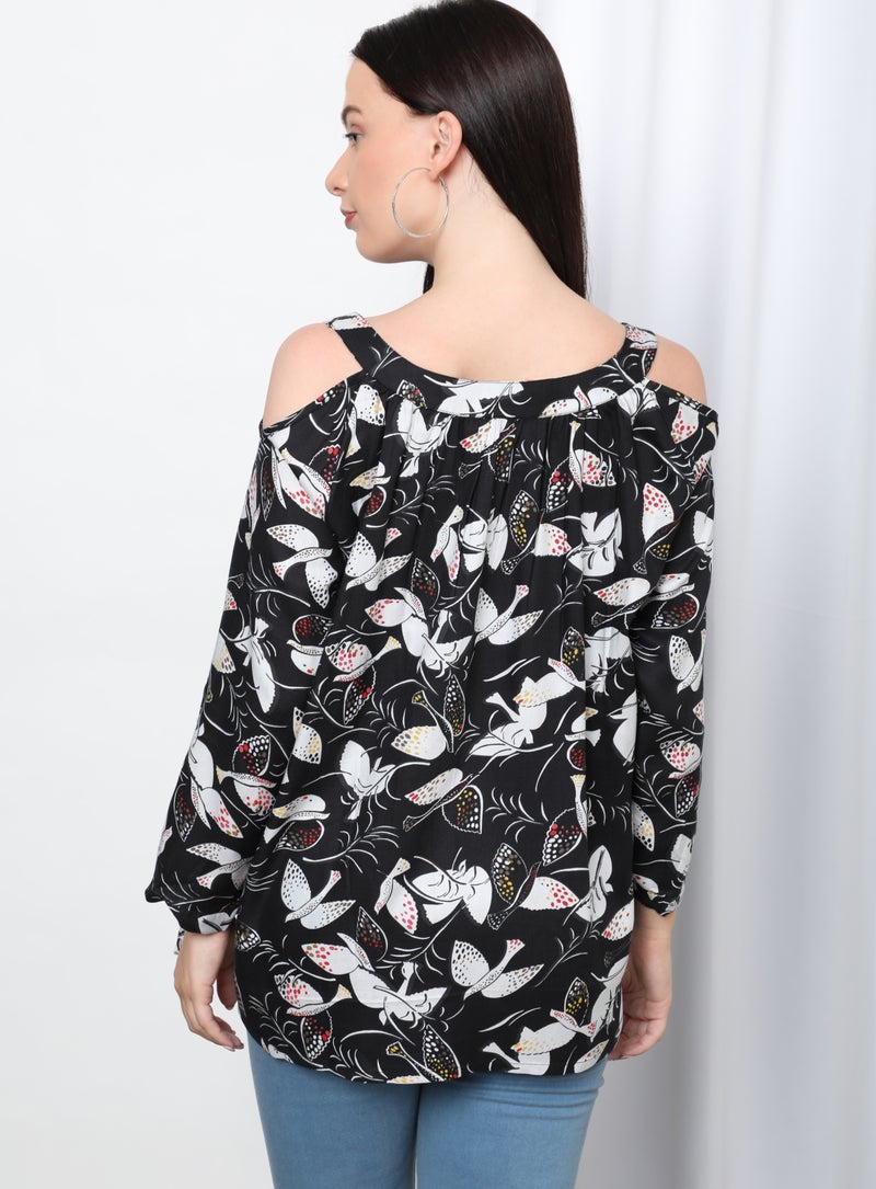 Aila Casual Floral Printed Blouse Top Black Aop  - Image 2