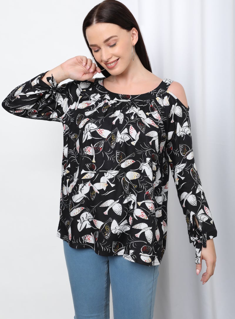 Aila Casual Floral Printed Blouse Top Black Aop  - Image 1