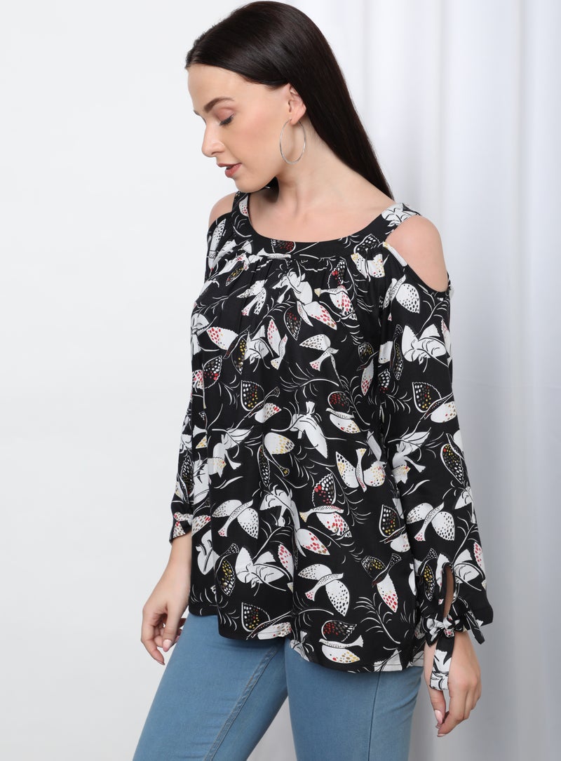 Aila Casual Floral Printed Blouse Top Black Aop  - Image 3