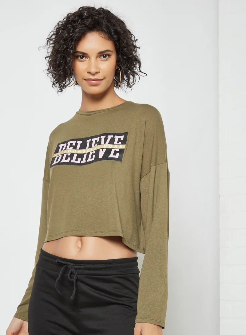Sivvi x GenM Slogan Long Sleeve Crop Top Green