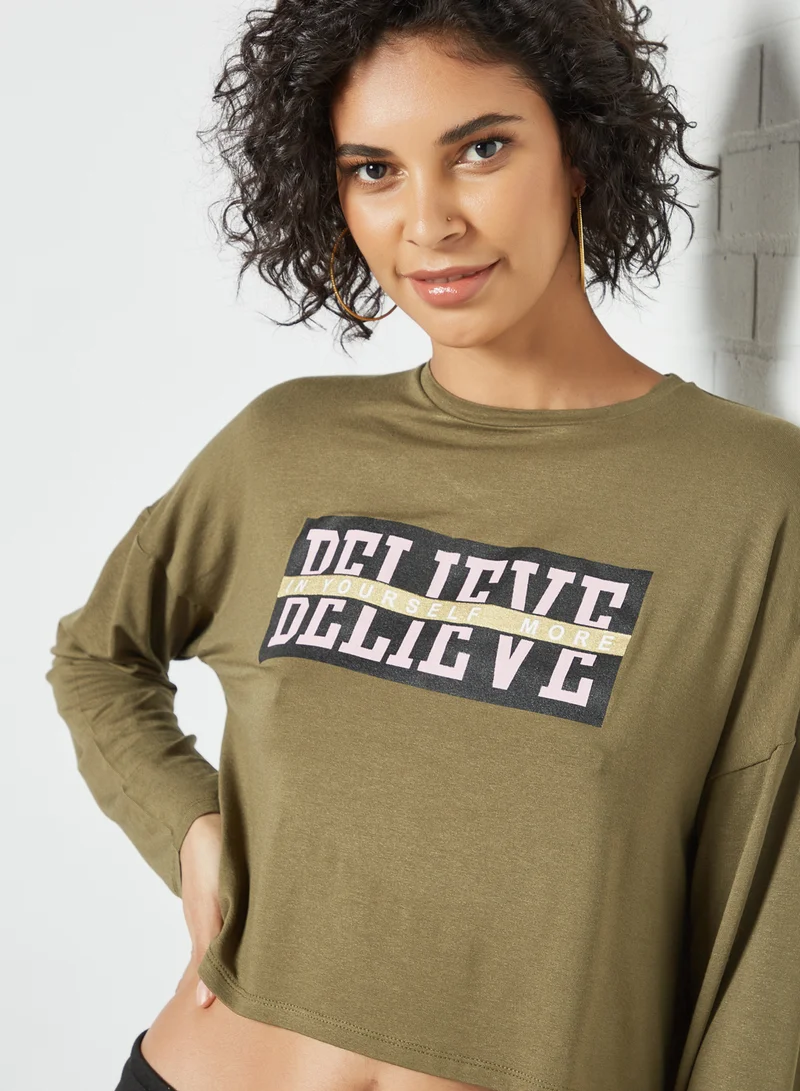 Sivvi x GenM Slogan Long Sleeve Crop Top Green