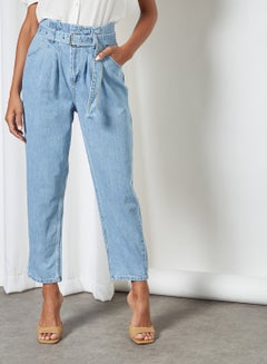 Belted High-Waist Slouchy Jeans Clear Blue