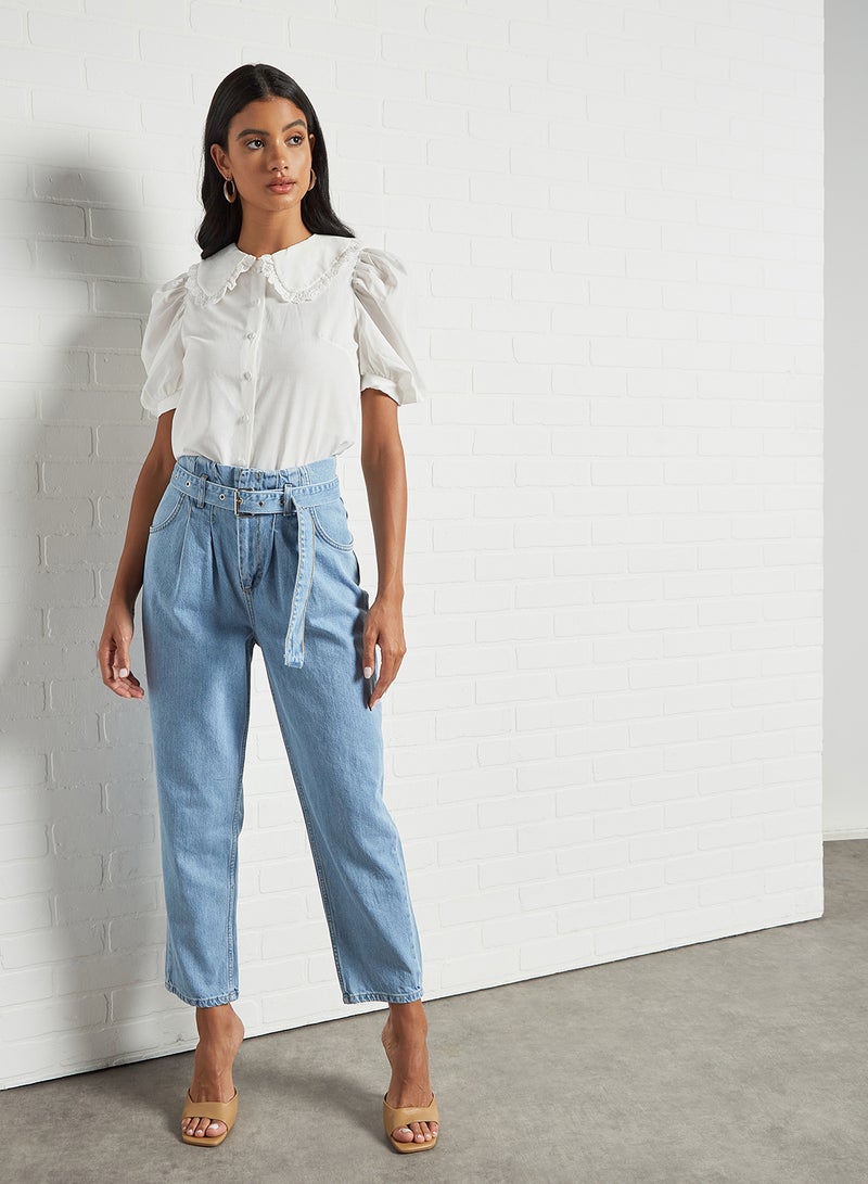 trendyol - Belted High-Waist Slouchy Jeans Clear Blue - Image 1