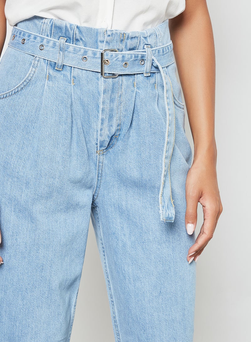 trendyol - Belted High-Waist Slouchy Jeans Clear Blue - Image 1